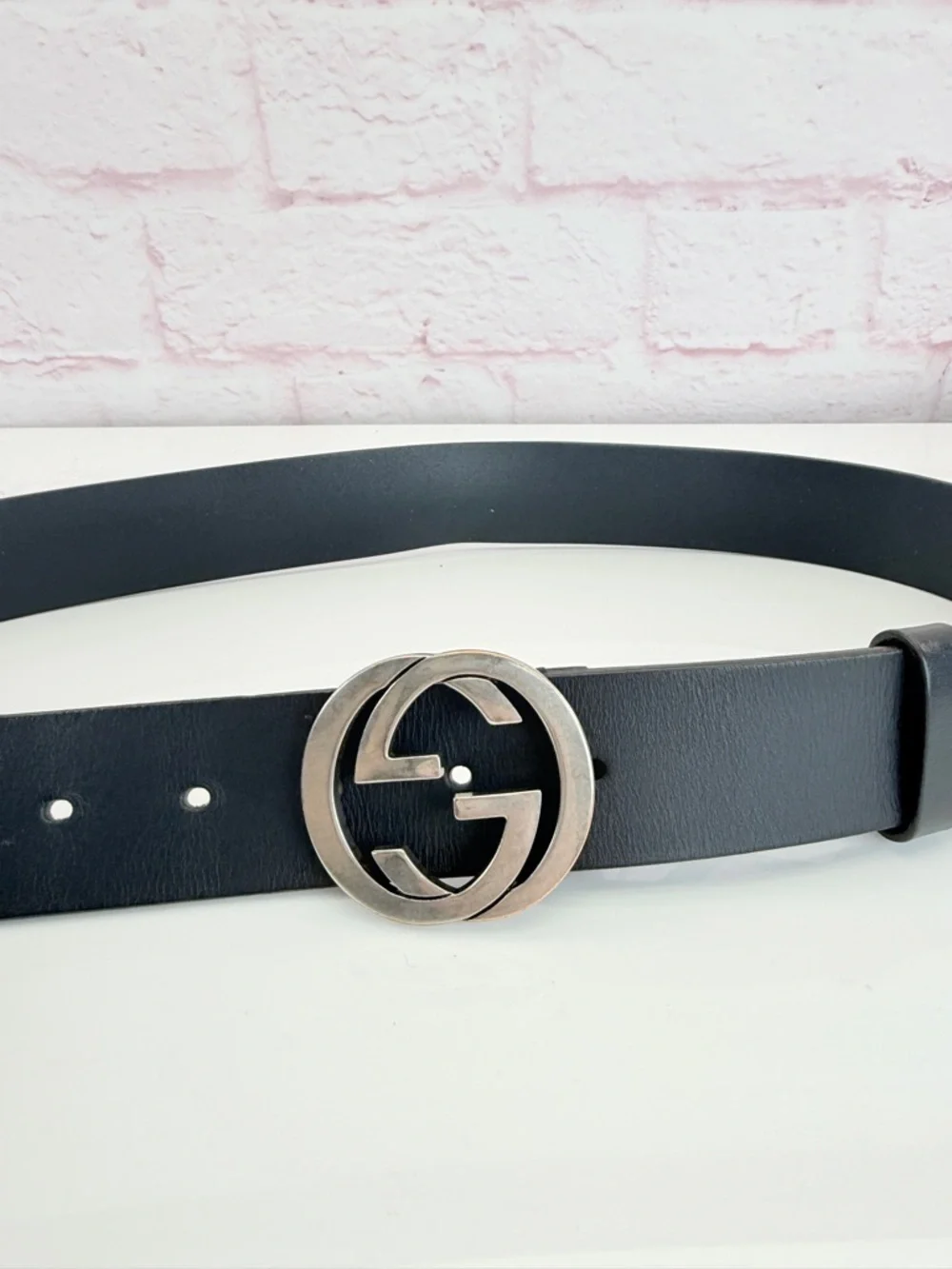 Gucci Black Leather Interlocking Gg Belt with Silver Double G Logo 546389 85/34